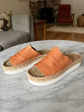 Penelope Chilvers Leather Espadrille Slide Sandals Tan Platform Mule Size 7 EU 3